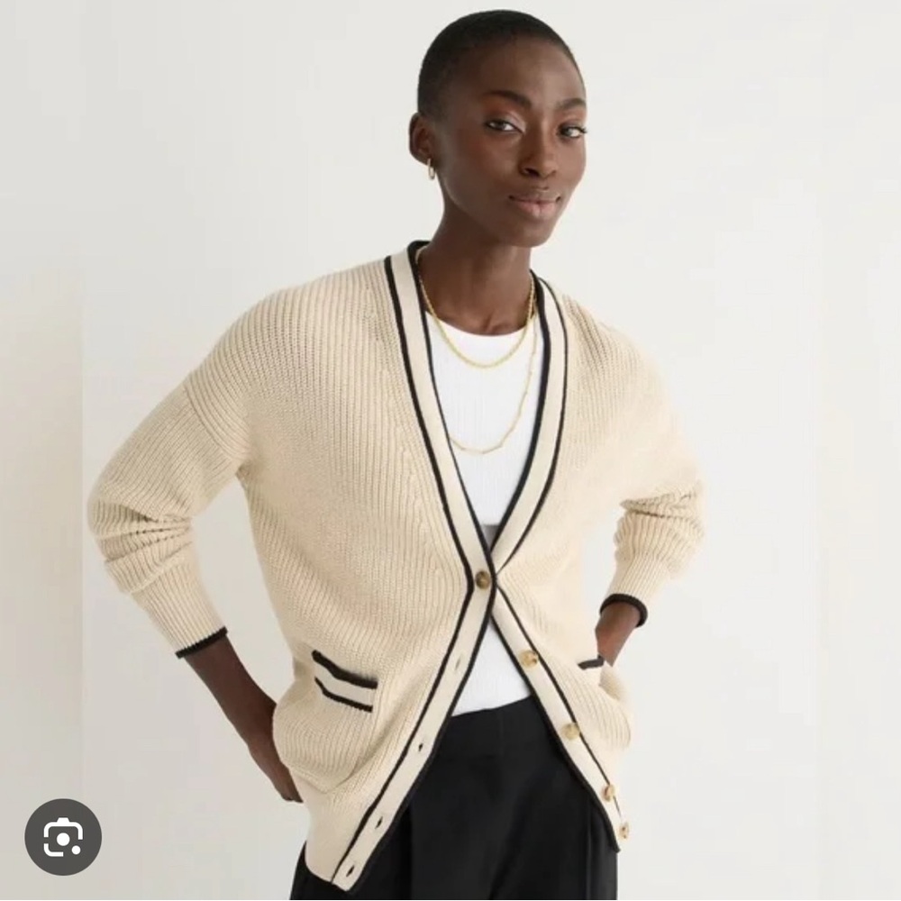 J Crew Tipped V-neck cotton cardigan sweater
